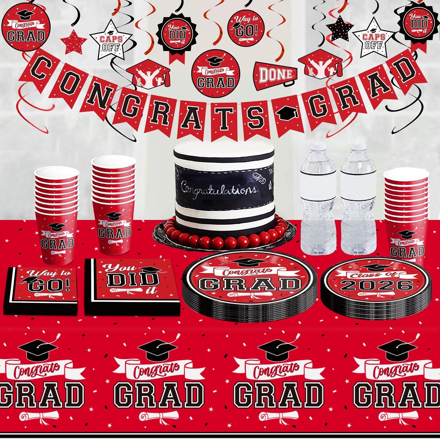 Graduation Decorations 2026 Red and Black, 265Pcs Disposable Tableware Kit for 50 Guests, Plates, Napkins, Cups, Tablecloth and Hanging 2026 Graduation Party Decorations