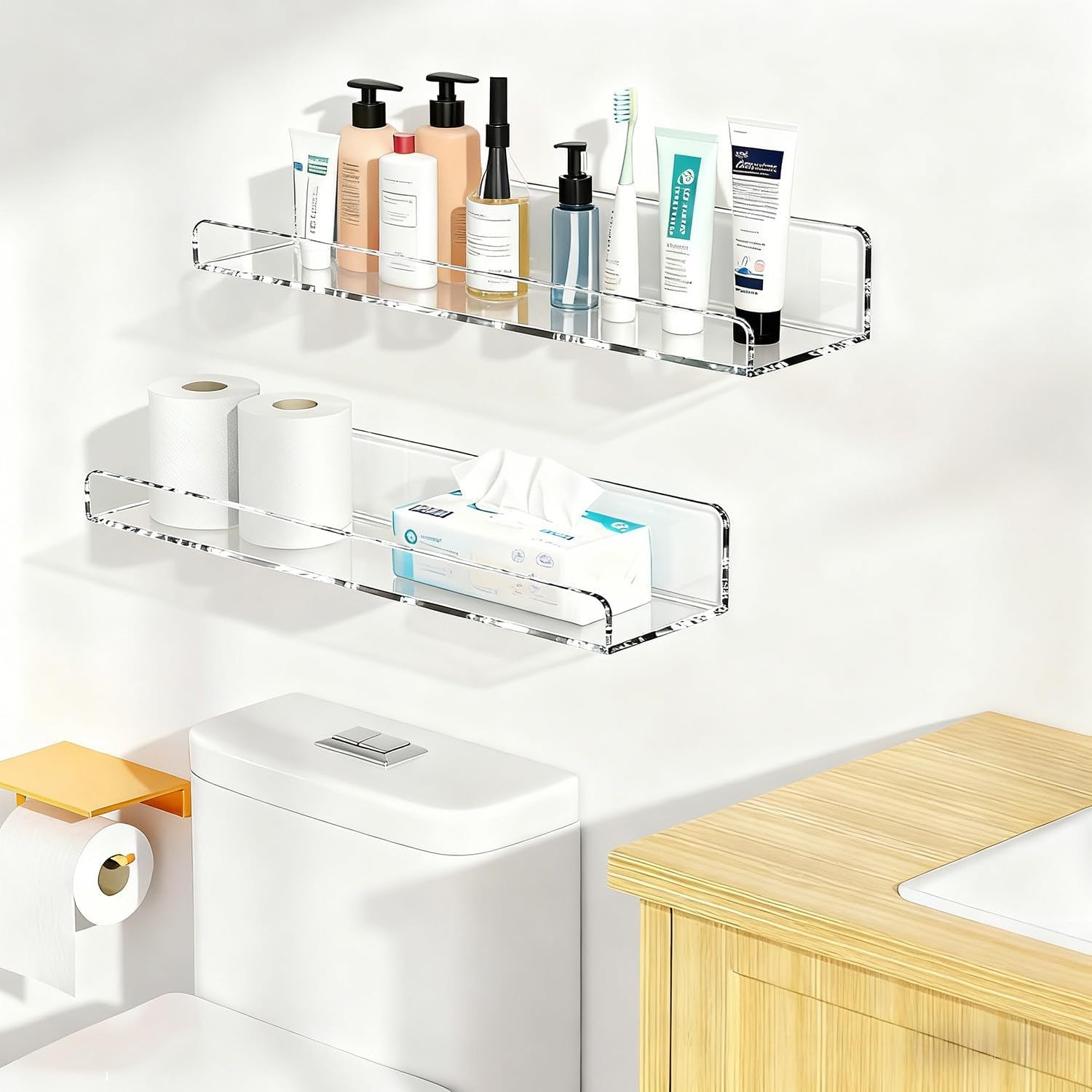 4-Pack Clear Acrylic Floating Shelves, Space-Saving Invisible Wall Shelves for Bathroom Kitchen Office Living Room, Modern Decor Set