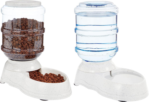 Automatic Pet Water Dispenser and Gravity Food Feeder Set for Cat and Dog, Easy to Clean, 6-Pound Food Capacity, 1-Gallon, Small, Gray, Pack of 2