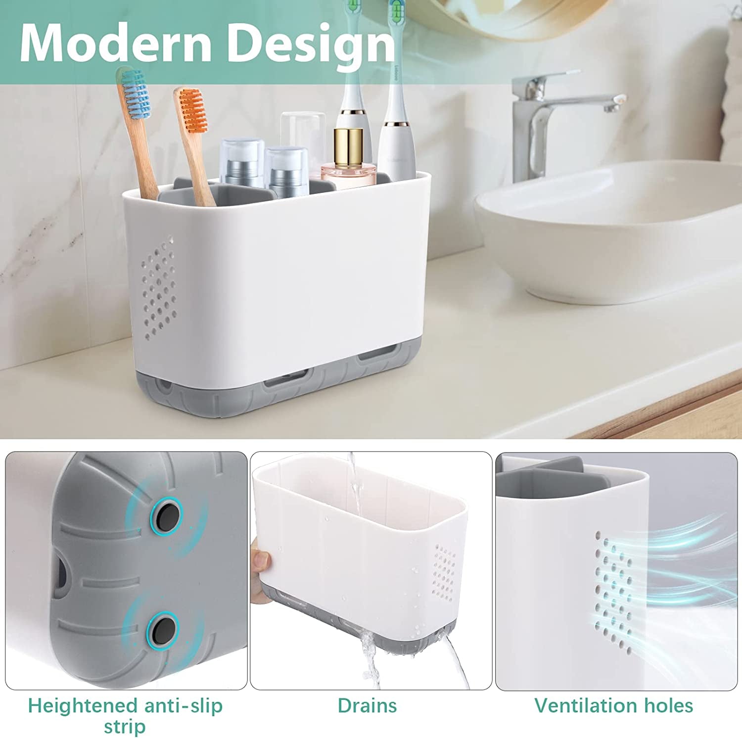 Toothbrush and Toothpaste Holder Drainage for Bathroom Countertop with Adjustable Dividers, Large Toothpaste Caddy Organizer Storage Rustic Decor Set Anti-Slip for Shower,Family,Kids Gray