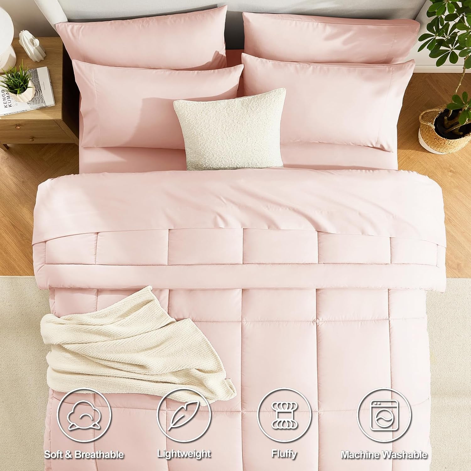 Full Size Comforter Sets Blush Pink, 7 Pieces Bed in a Bag, Pink Comforter Full Size, All Season Bedding Sets with Stitch Quilted Comforter, Flat Sheet, Fitted Sheet, Pillowcases