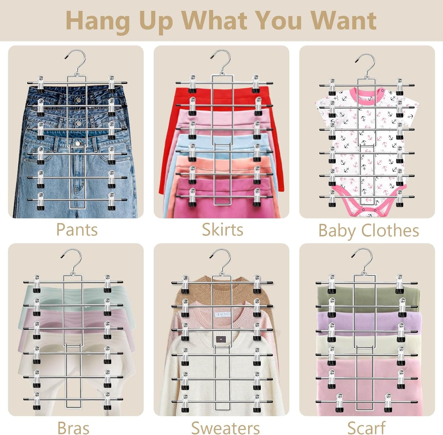 Pants Hangers with Clips,Space Saving Hanging Closet Organizer-6 Tiers Skirt Hangers with 360Â° Swivel Hook,Closet Organizer-Clothes Hangers- College Dorm Essentials Apartment Essentials-2 Pack