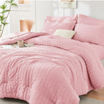Pink Full Size Comforter Sets Seersucker 7 Pieces, All Season Luxury Bed in a Bag for Bedroom, Bedding Set with Comforters, Sheets, Pillowcases & Shams