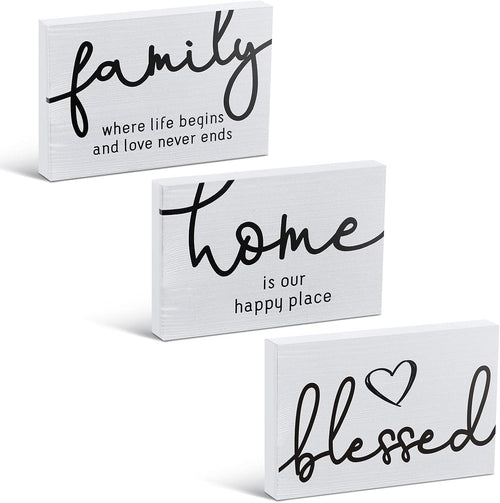 3 Pcs Family Home Blessed Rustic Wood Sign Mini Wood Decorative Farmhouse Woodworks Table Shelves Decorations Sign for Bedroom Kitchen Living Room Table Decor(White,4.25 X 2.76 X 0.59 In)