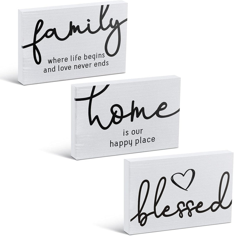 3 Pcs Family Home Blessed Rustic Wood Sign Mini Wood Decorative Farmhouse Woodworks Table Shelves Decorations Sign for Bedroom Kitchen Living Room Table Decor(White,4.25 X 2.76 X 0.59 In)