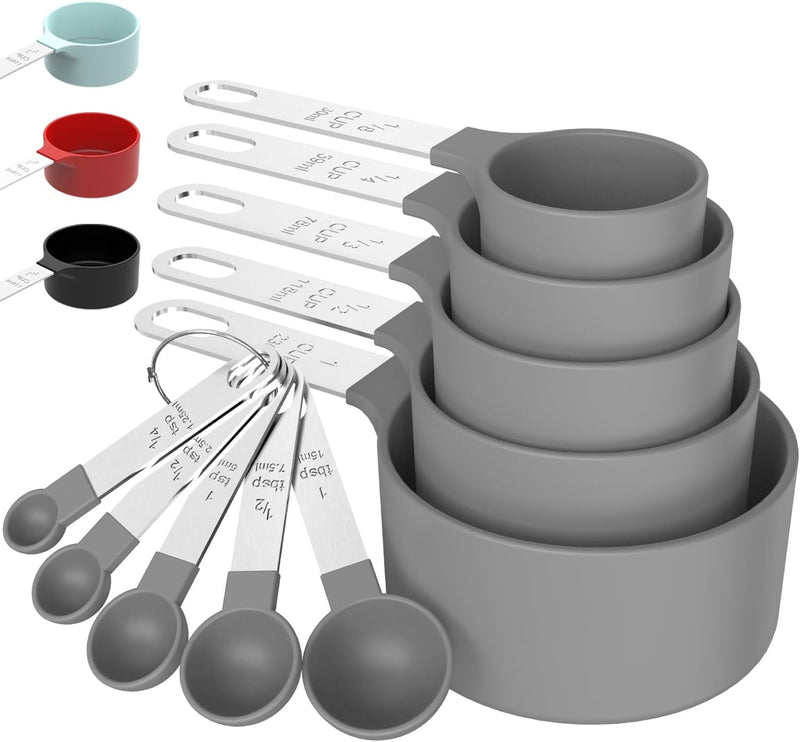 Measuring Cups & Spoons Set, Stackable Cups and Spoons, Nesting Measure Cups with Stainless Steel Handle, Kitchen Gadgets for Cooking & Baking (Gray)