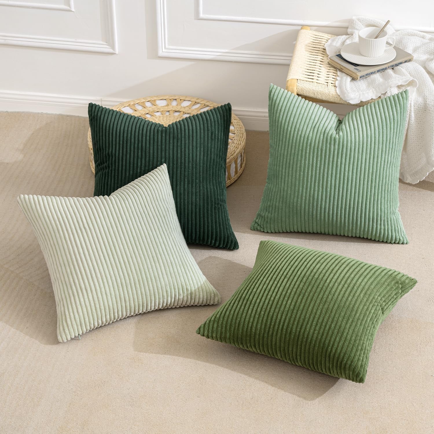 Boho Farmhouse Sage Green Throw Pillow Covers 18X18 Inch Set of 4 Mordern Nordic Cushion Covers Soft Corduroy Spring Home Decor for Couch Bed Sofa Living Room Forest Green