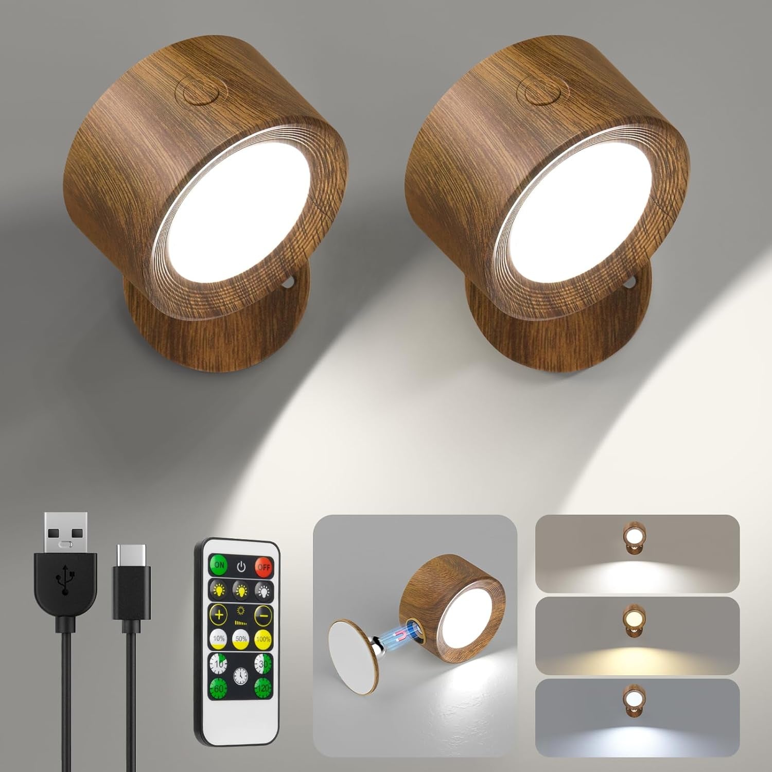 LED Wall Lights, Wall Sconces 2 Pcs with Remote Rechargeable Battery Operated, 3 Color Temperatures & Dimmable Wall Lamp Magnetic 360Â° Rotation Light for Bedroom Living Room