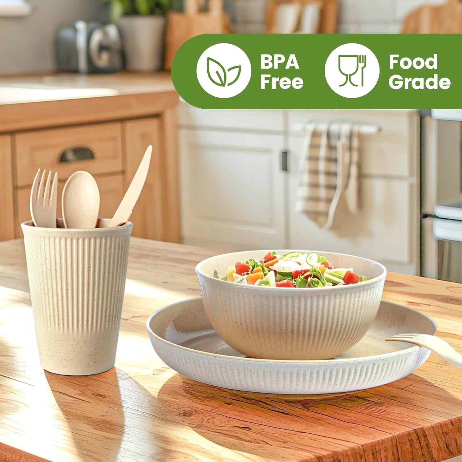 36-Piece Reusable Wheat Straw Dinnerware Sets for 6,  Unbreakable Reusable Set Kitchen Cups, Plates, Bowls Sets & Cultery Dishwasher Microwave Safe - Patio, Outdoors, RV, Camping Dishes