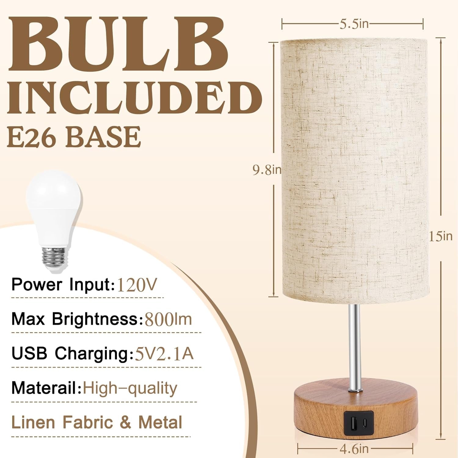 Touch Control Bedside Table Lamp with USB-C Charging Ports, 4-Way Dimmable Nightstand Lamp with Wood Base & Fabric Shade for Bedroom Living Room