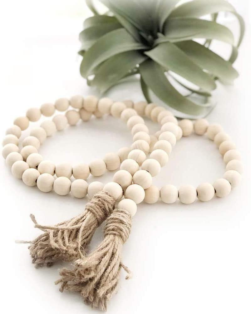60 Inches Wood Bead Garland,Wooden Beads with Tassels,Farmhouse Beads Rustic Prayer Beads Boho Beads for Farmhouse Tiered Tray Coffee Table Mantel Decor (1 Pack)