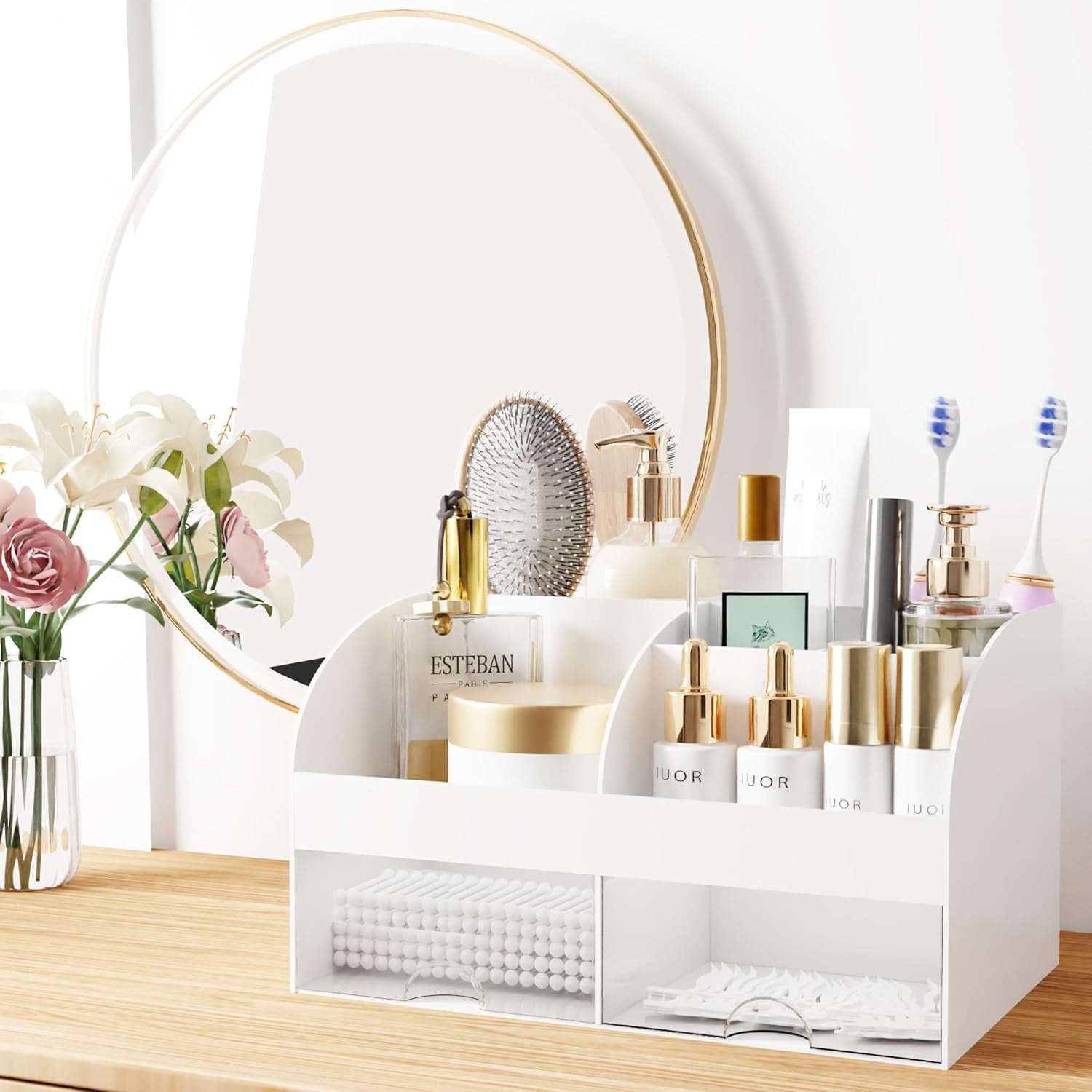 Makeup Organizer with Drawers, Cosmetic Storage for Dresser Vanity and Bathroom Countertop, Beauty Holder for Lipstick Brush, Skincare Organizer for Vanity, Cosmetic Display Case (White)