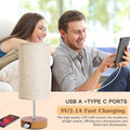 Touch Control Bedside Table Lamp with USB-C Charging Ports, 4-Way Dimmable Nightstand Lamp with Wood Base & Fabric Shade for Bedroom Living Room