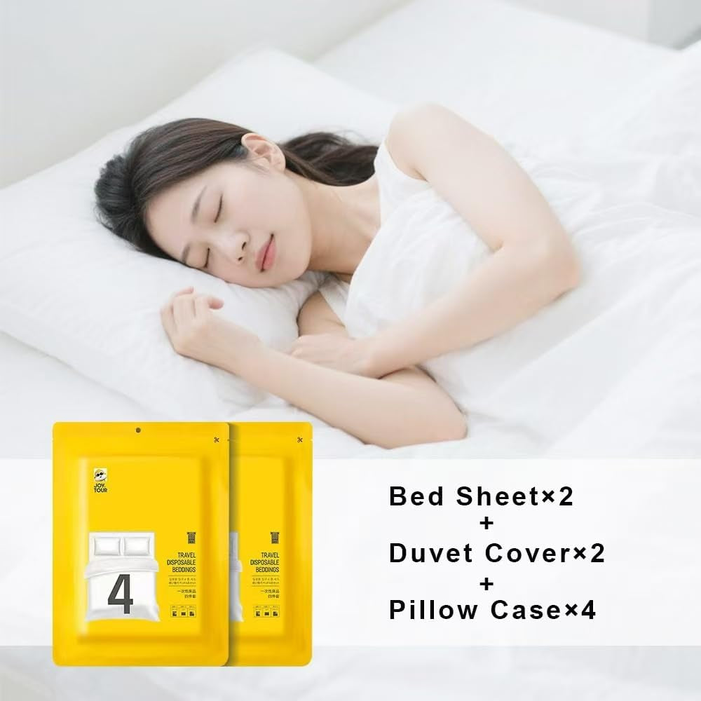 48Pcs Disposable Travel Set: Bed Sheet*2 Duvet Cover*2 Pillow Case*4 Bath Towels*4 Shower Caps*4 Plastic Bathtub Bag*5 Toilet Seat Covers*4 Compression Face Towel*15 Toothbrushes*4 Slippers*4