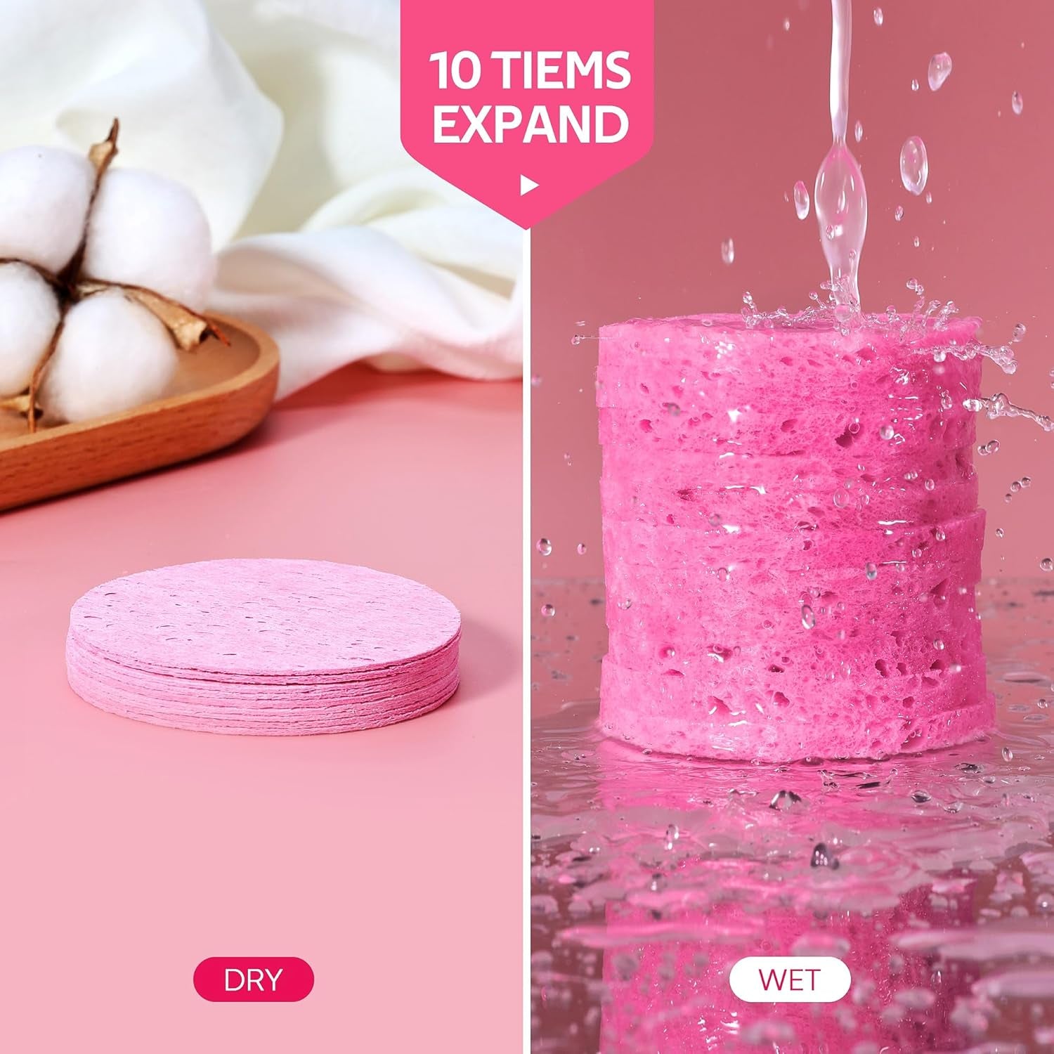 50-Count Compressed Facial Sponge for Daily Facial Cleansing and Exfoliating, 100ï¼… Natural Cosmetic Spa Sponges for Makeup Remover, Reusable, Pink