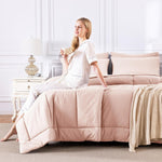Full Size Comforter Sets Blush Pink, 7 Pieces Bed in a Bag, Pink Comforter Full Size, All Season Bedding Sets with Stitch Quilted Comforter, Flat Sheet, Fitted Sheet, Pillowcases