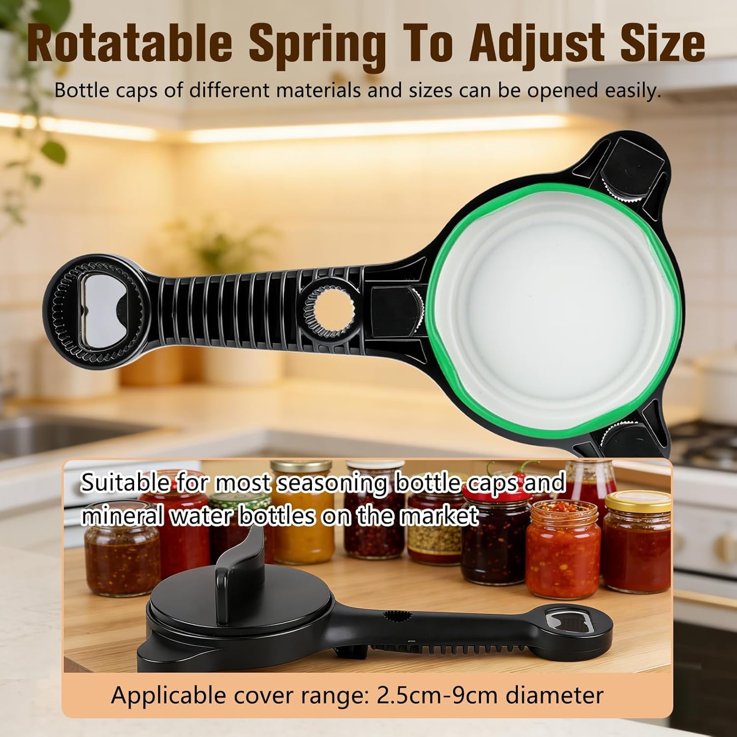 Multi-Functional Retractable Jar & Bottle Opener, Magnetic Stainless Steel Can Opener with Ergonomic Handle, Friendly Kitchen Gadget (Black)