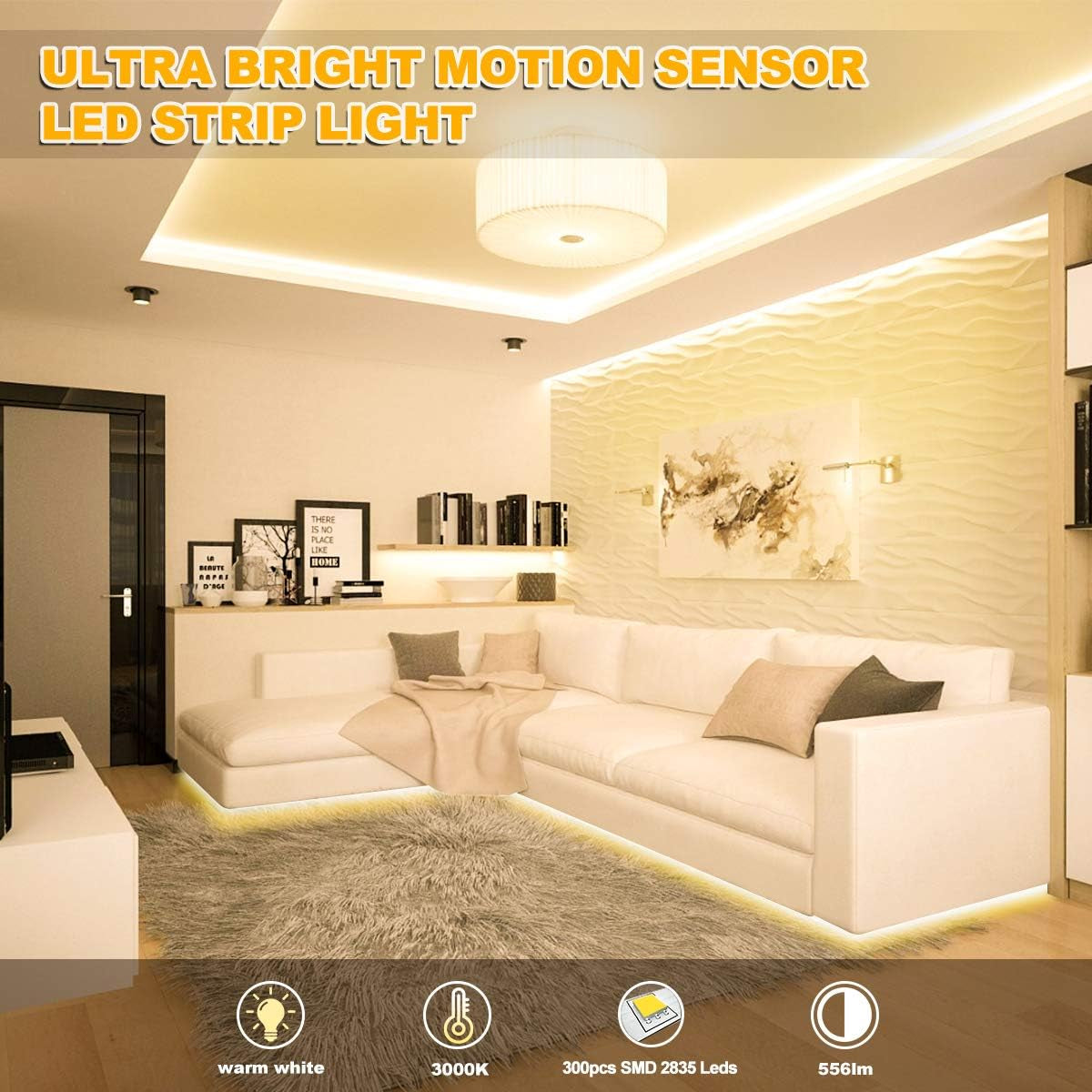 Motion Activated LED Strip Lights, 16.4Ft LED Light Strip with Day or Night 2 Lighting Modes,3 Timing off Modes,Cozy Warm White 12V Plug-In LED Rope Lights for under Cabinet,Kitchen,Stair