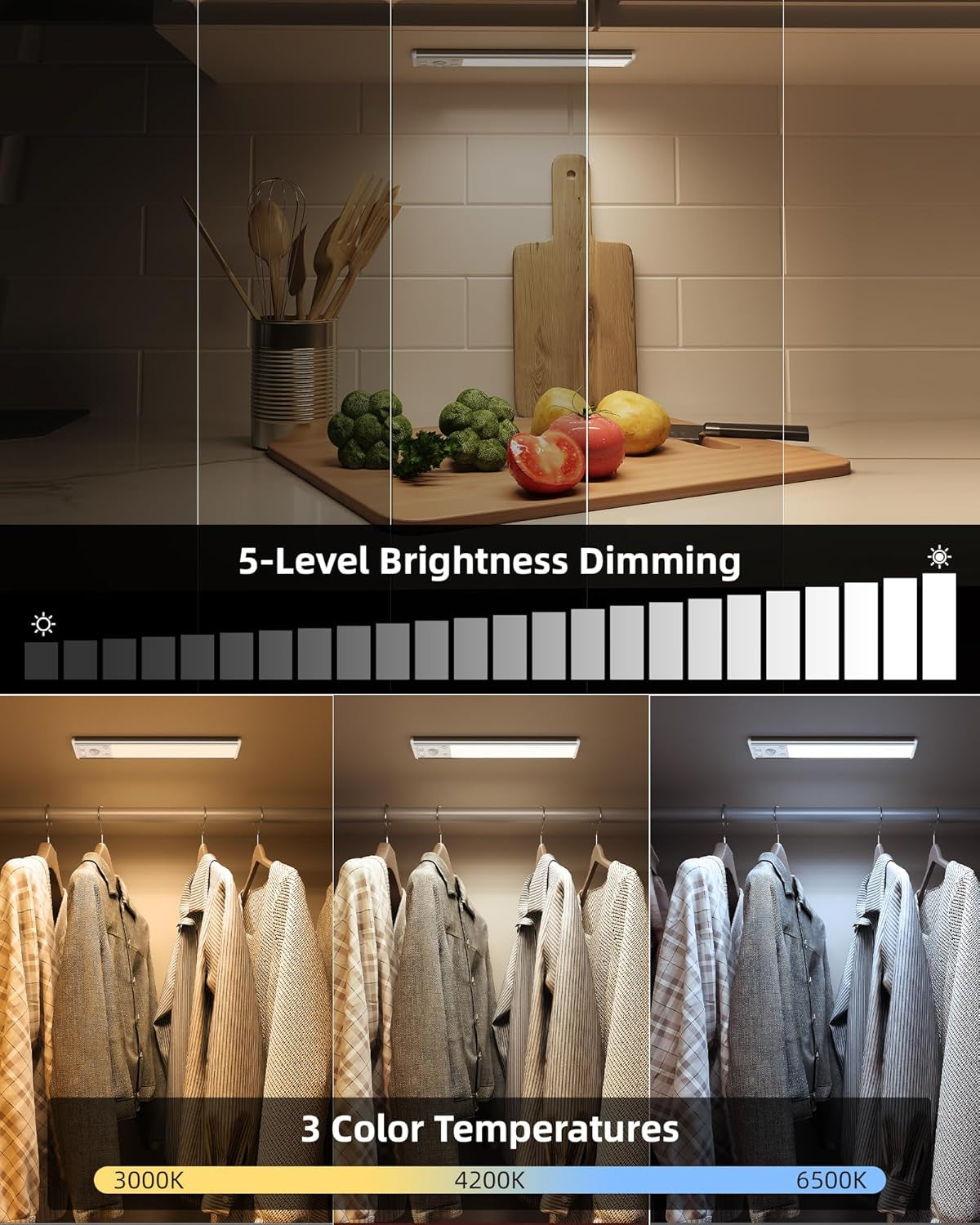 8" under Cabinet Lighting, 2400Mah Rechargeable Motion Sensor Light Indoor, Mini & Slim Design, 3 Color Temps, Dimmable Magnetic Wireless Closet Lights for Kitchen, Pantry, Stairs (2 Pack)