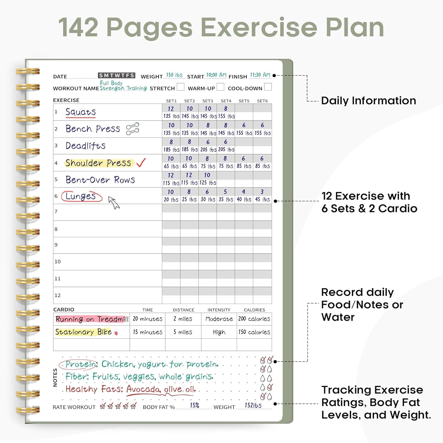 Fitness Workout Journal for Women & Men, A5(5.5" X 8.2") Workout Log Book Planner for Tracking, Progress, and Achieving Your Wellness Goals - Green