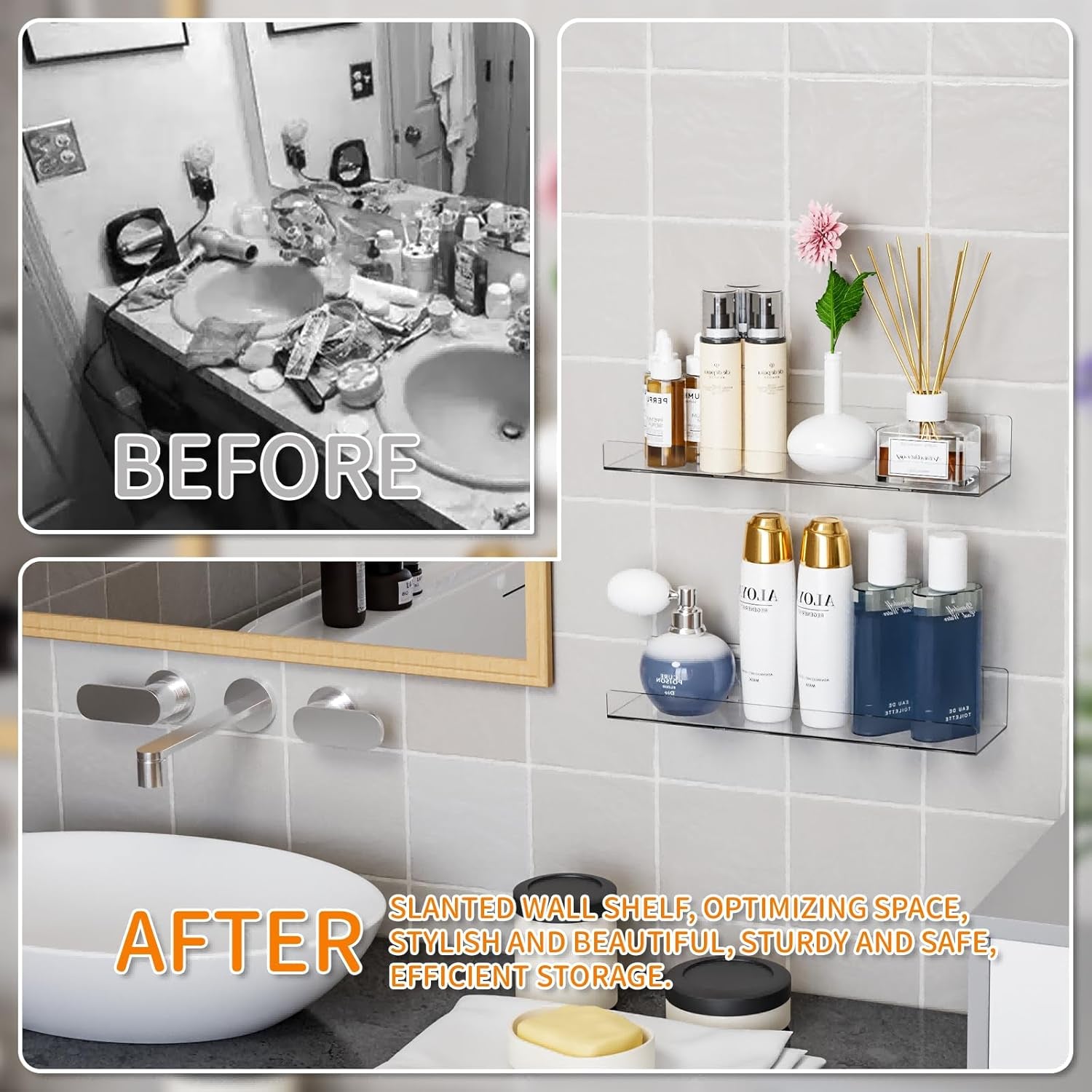 4 Pack Acrylic Shelves for Wall Storage,No Drilling Adhesive Shelves,Clear Stick on Bathroom Wall Shelf Organizers,Plastic Floating Shelves for Perfume,Funko,Lego,Skincare,Bookshelf for Kids