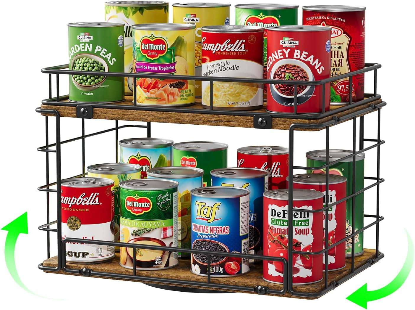 360Â° Rotating Can Rack Organizer for Pantry, 2-Tier Lazy Susan Can Organizer Holds up to 26 Soda Cans, Metal Wire & Wood Shelf with Turntable Storage for Kitchen Cabinet, Pantry & Countertop