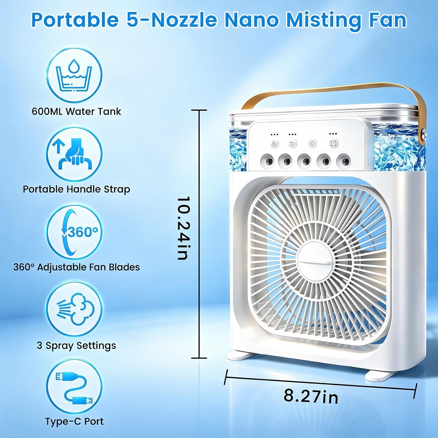Portable Air Conditioner Fan, Mini Evaporative Air Cooler with 5 Spray Nozzles,3 Wind Speeds,3 Timers, 7 Colors LED Light,600Ml Personal AC Unit Fan for Bedroom Office Camping（White）
