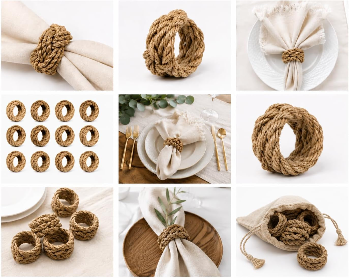 Handmade Jute Napkin Rings Set of 12 – Rustic Farmhouse Table Decor, Boho Woven Napkin Holders for Weddings, Parties & Dining Tables