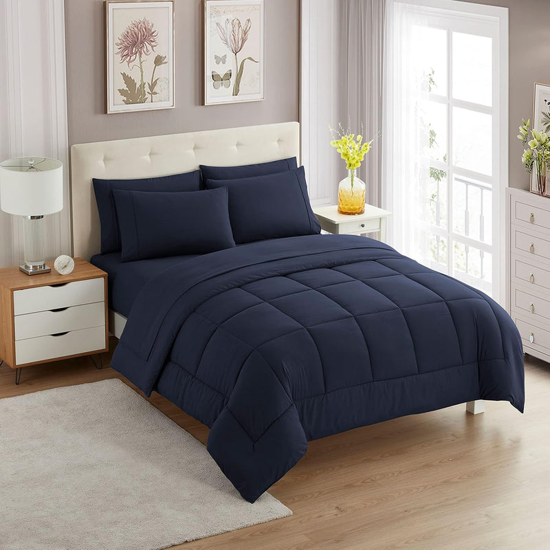 5 Piece Comforter Set Bag Solid Color All Season Soft down Alternative Blanket & Luxurious Microfiber Bed Sheets, Navy, Twin