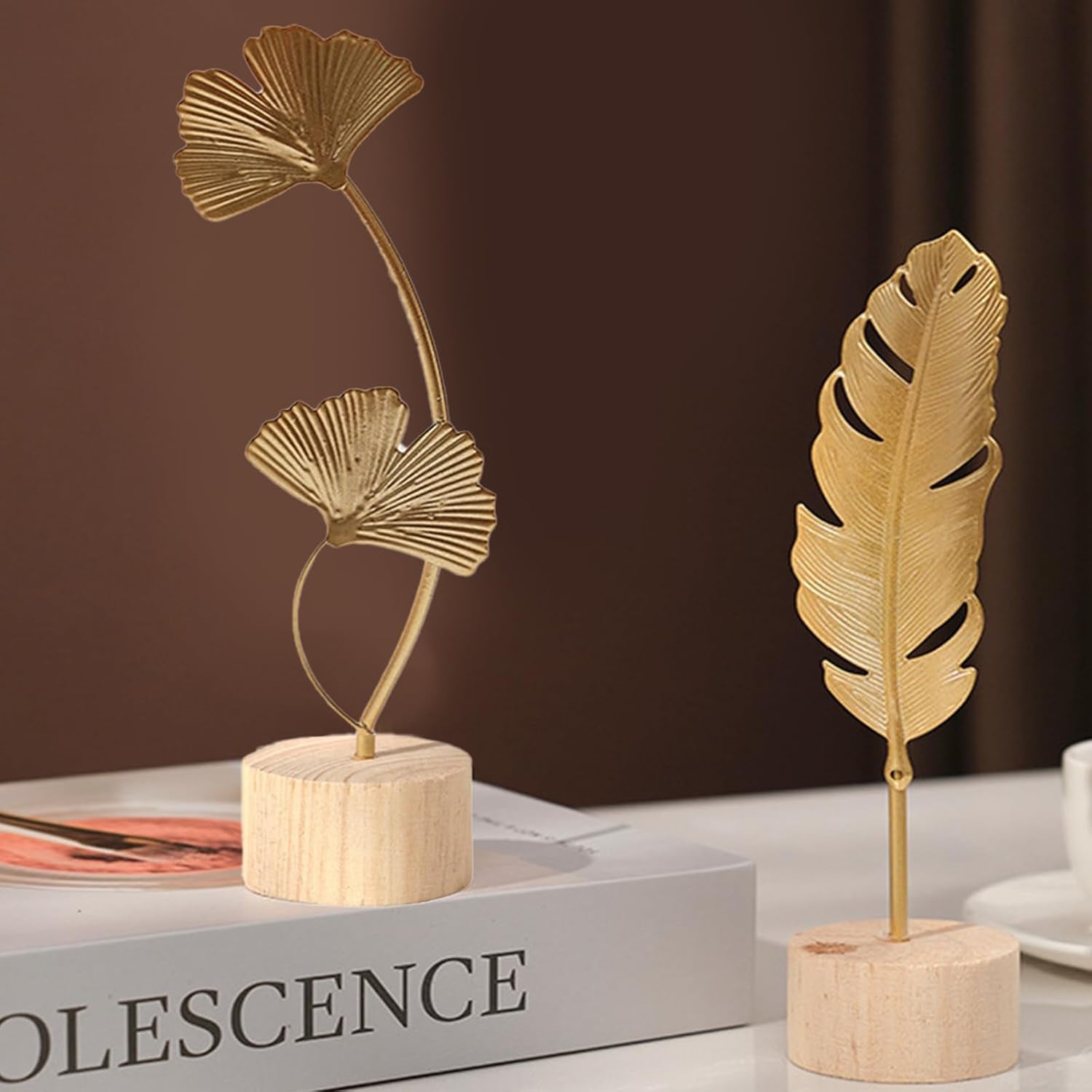 Two-Piece Luxury Nordic Metal Leaf Sculptures â€“ Elegant Gold Ginkgo & Palm Leaf Art DÃ©cor, Modern Minimalist Metal Craft for Living Room, Entryway, Wine Cabinet, Home & Office Decoration