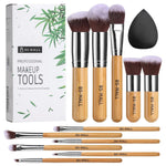 Makeup Brush Set 11Pcs Bamboo Synthetic Kabuki Brush Set Foundation Powder Blending Concealer Eye Shadows Blush Cosmetics Brushes with Travel Organizer Bag & Makeup Sponge (Bamboo 11)