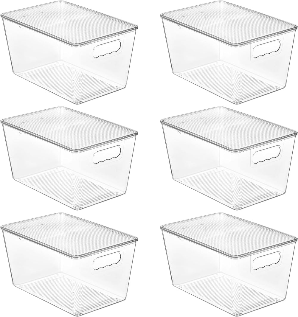 6 Pack Clear Stackable Storage Bins with Lids, Large Plastic Containers with Handle for Pantry Organizer and Storage,Perfect for Bathroom,Cabinet,Kitchen,Fridge,Closet Organization