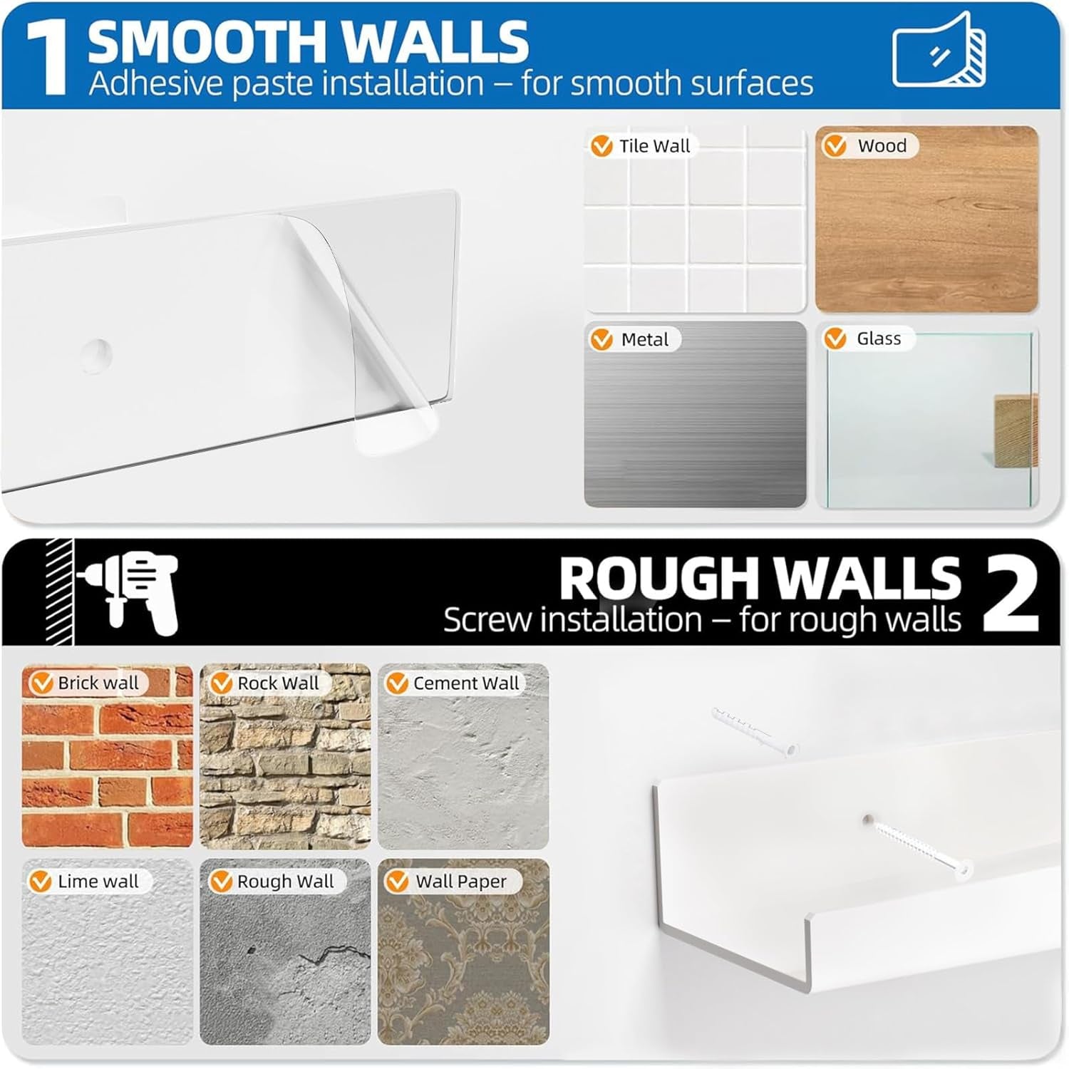 4 Pack Acrylic Shelves for Wall Storage, Self-Adhesive 15" White Floating Shelf for Pop Figures, Picture, Perfume, Books, Wall Shelf Organizer for Bathroom, Living Room, Bedroom, Kitchen
