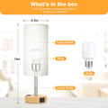 Bedside Table Lamp for Bedroom - 3 Way Dimmable Touch Lamp USB C Charging Ports and AC Outlet, Small Lamp Wood Base round Flaxen Fabric Shade for Living Room, Desk, LED Bulb Included