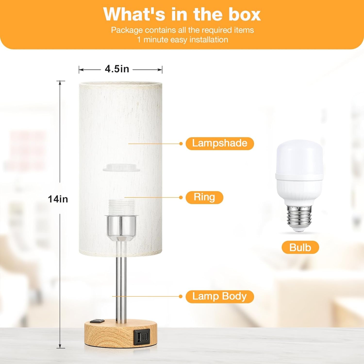 Bedside Table Lamp for Bedroom - 3 Way Dimmable Touch Lamp USB C Charging Ports and AC Outlet, Small Lamp Wood Base round Flaxen Fabric Shade for Living Room, Desk, LED Bulb Included