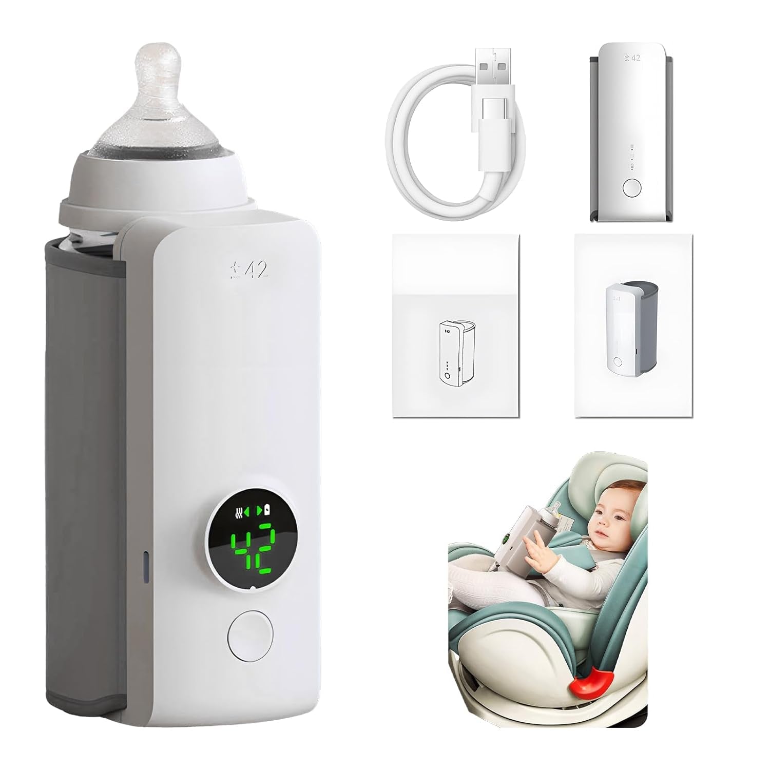 Portable Bottle Warmer, Rapid Warming with Battery-Powered Temperature Display for Travel, Waterless Milk Warming for Comfortable Baby Feeding on the Go
