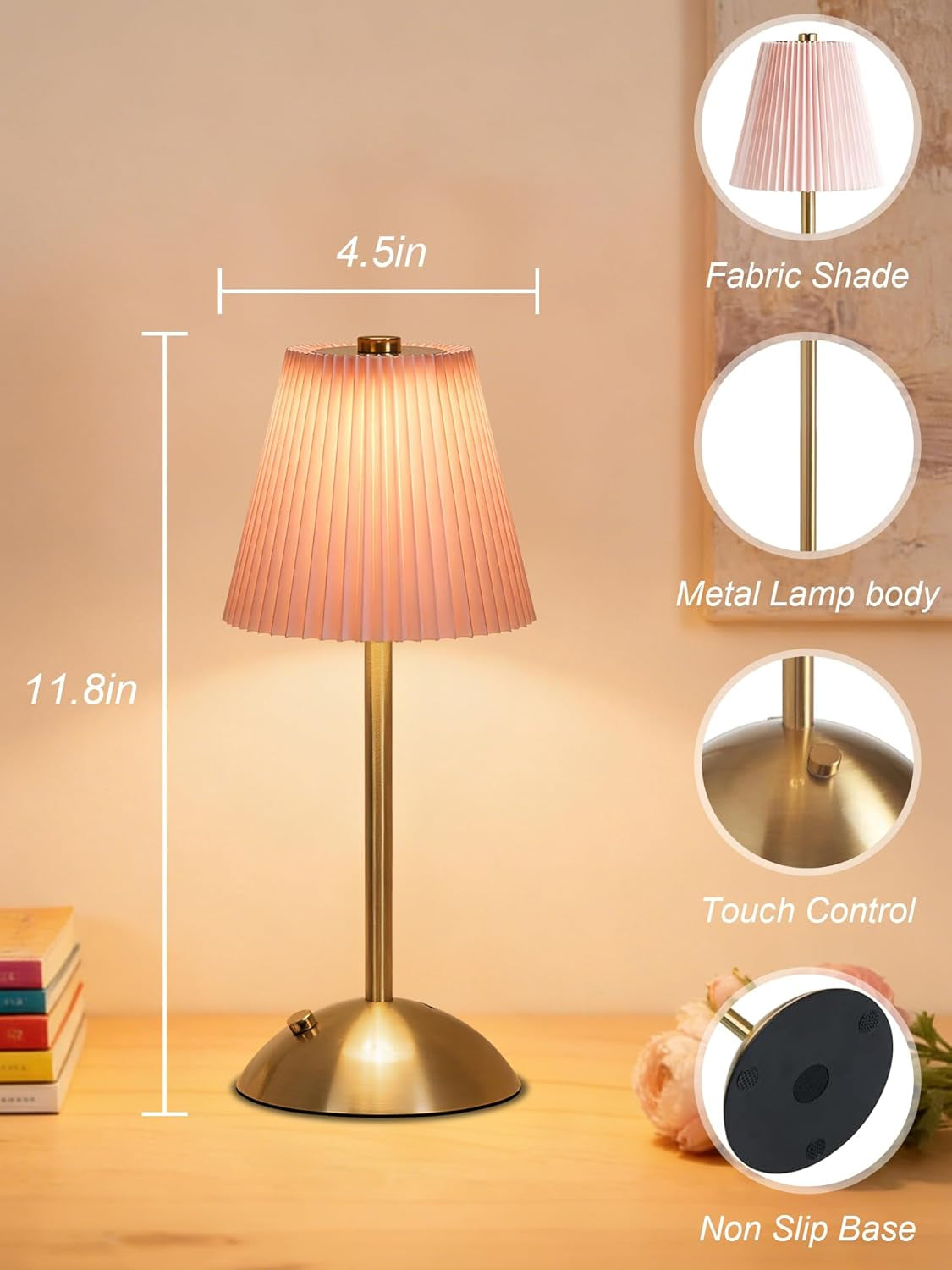 Cordless Table Lamp,Touch Led Reading Light,Small Desk Lamp with 3 Colors,Portable Battery Operated Light with Fabric Shade,Dimmable Night Light for Bedroom Living Room Office(Pink)