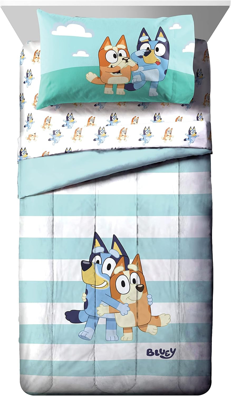 Bluey & Bingo 4 Piece Toddler Bedding Set â€“ Includes Comforter, Sheets & Pillowcase, Super Soft Fade Resistant Microfiber, Official Licensed Toddler Bed Set for Boys and Girls, Blue