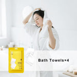 48Pcs Disposable Travel Set: Bed Sheet*2 Duvet Cover*2 Pillow Case*4 Bath Towels*4 Shower Caps*4 Plastic Bathtub Bag*5 Toilet Seat Covers*4 Compression Face Towel*15 Toothbrushes*4 Slippers*4