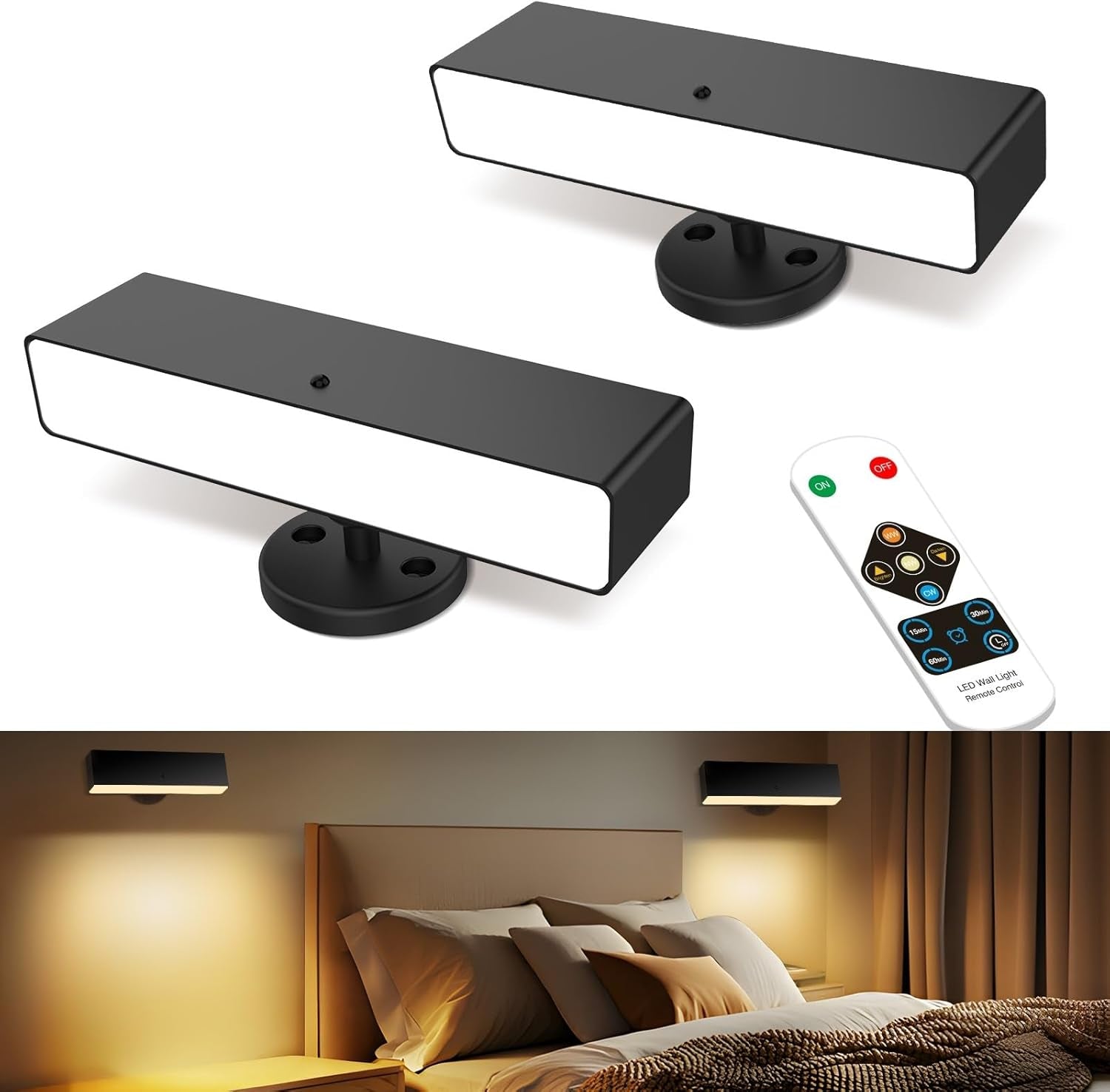 Rechargeable Battery Operated Wall Sconce Set of 2: Wireless Black Wall Lights Battery Powered Magnetic 360Â° Rotation Cordless Scone Adhesive LED Wall Mount Lamp for Bedroom Reading Picture RV