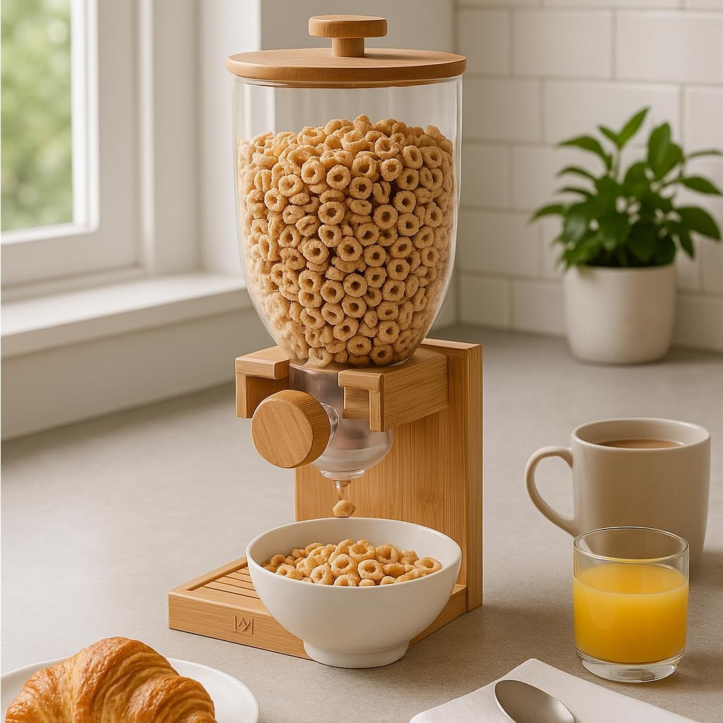 Bamboo Cereal Dispenser with Airtight Lid â€“ Countertop Dry Food Dispenser for Kitchen Organization â€“ Eco-Friendly Cereal Container for Pantry
