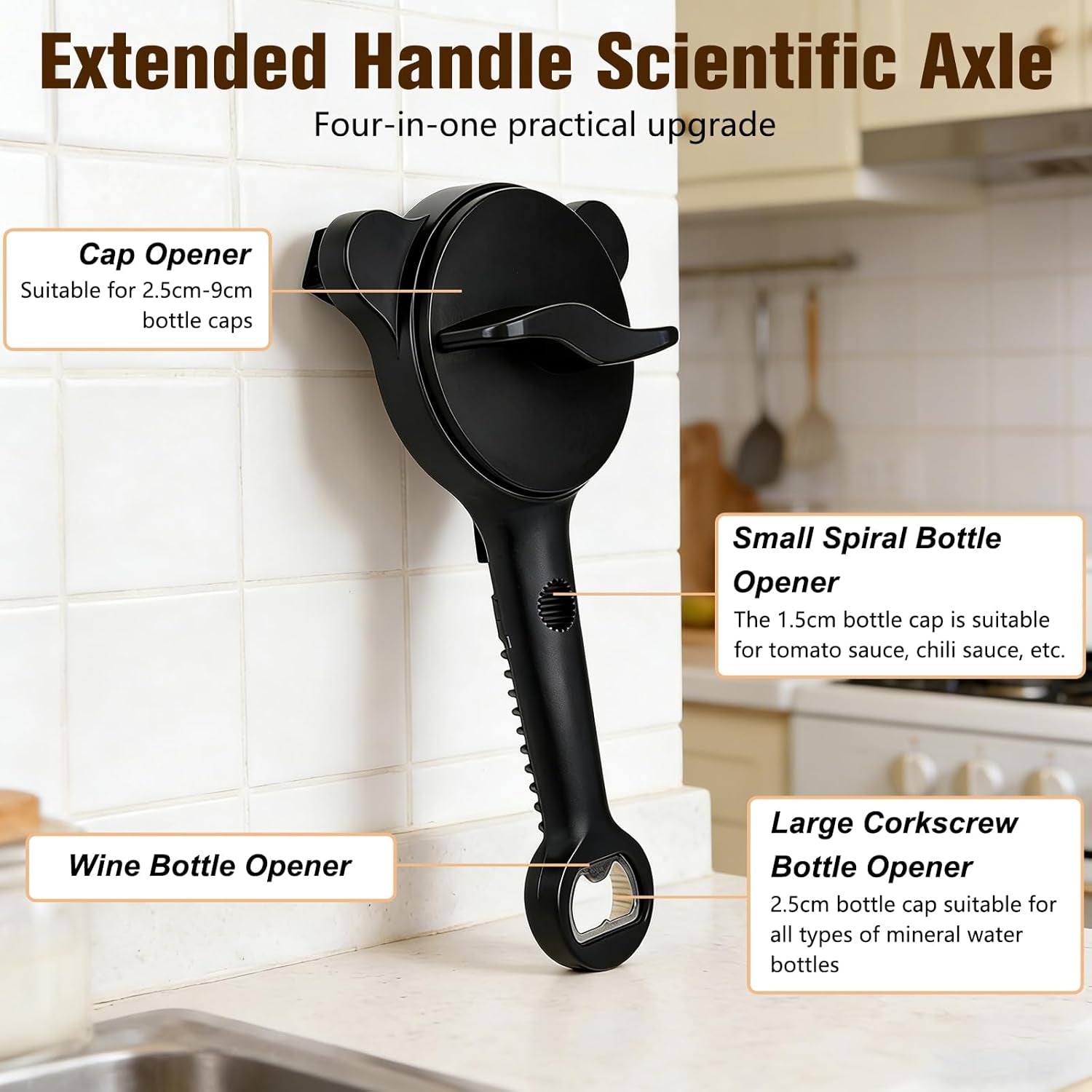 Multi-Functional Retractable Jar & Bottle Opener, Magnetic Stainless Steel Can Opener with Ergonomic Handle, Friendly Kitchen Gadget (Black)