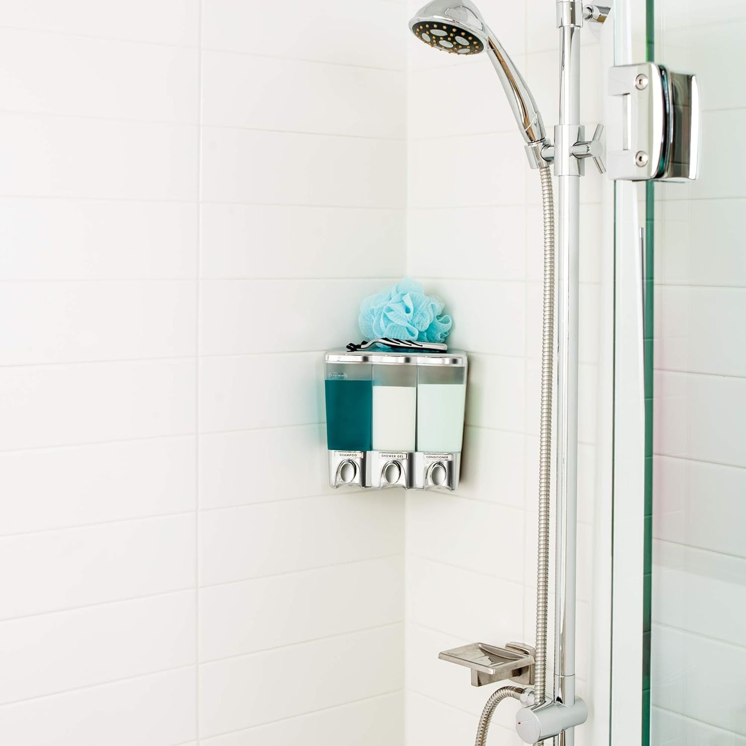 Clear Choice Shower Dispenser 3 Chamber, Wall Mount Shower Soap Pump Dispenser for Bathroom Hotel Body Wash, No Drill Adhesive, Waterproof Dispenser, 3 X 14.2 Oz, Chrome