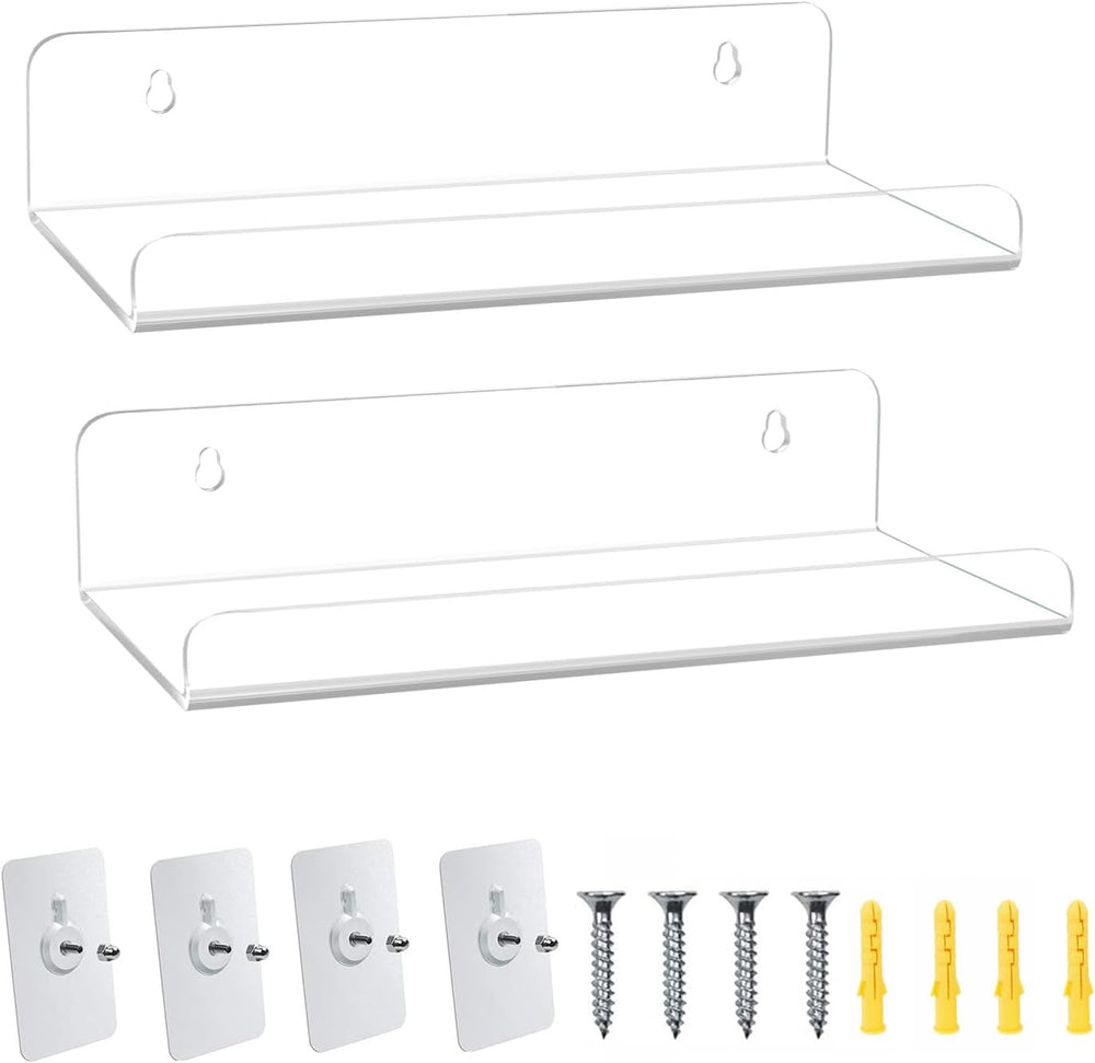 8 Inch Clear Acrylic Shelves for Wall No Drilling, 2 Pack Small Floating Shelf with Ledge No Damage Mounted, Easily Expand Wall Space for Bedroom, Living Room, Bathroom