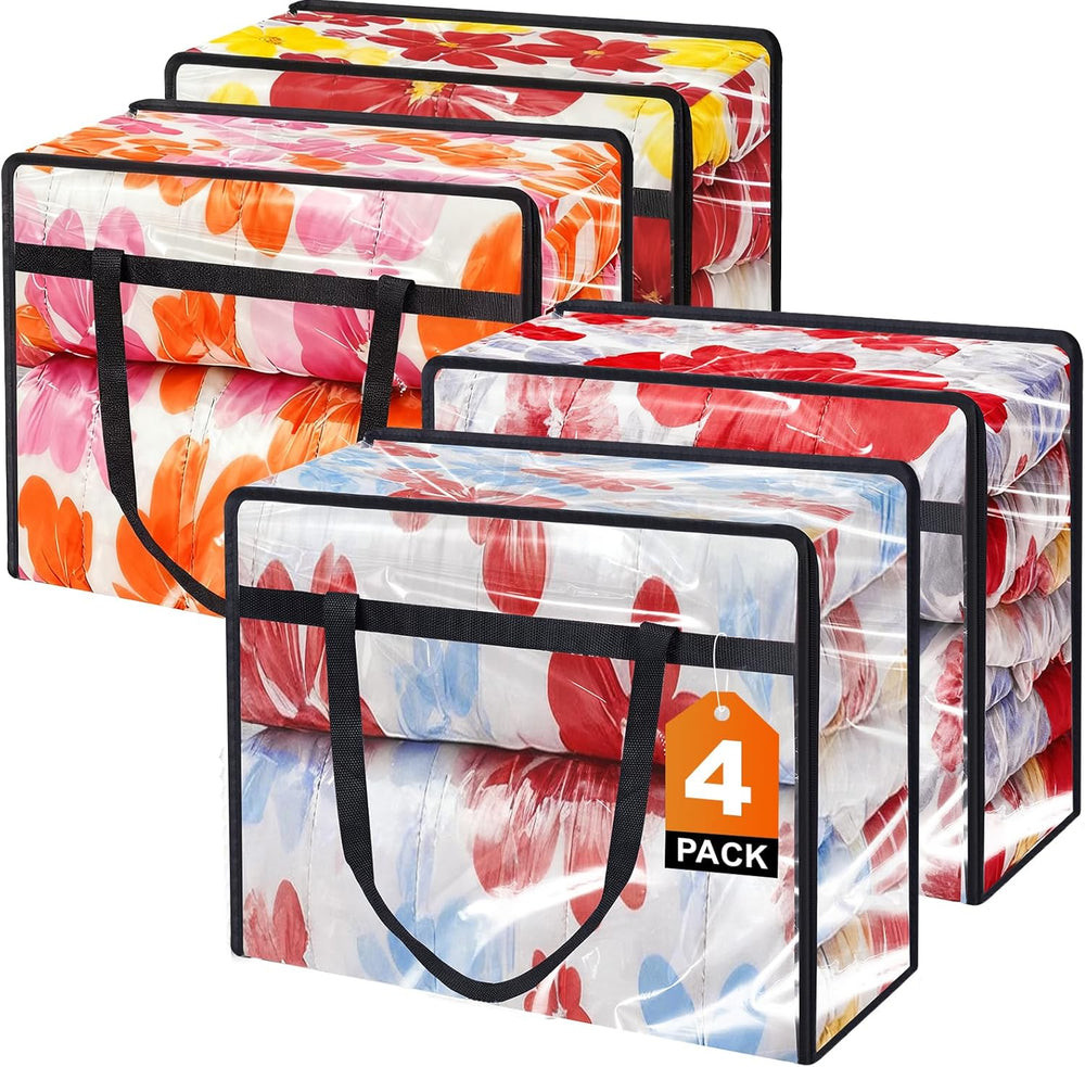 4 Pack Clear Clothes Storage Bags, Vinyl Blanket Storage Containers with Heavy Duty Zipper, Foldable Moving Bags, Closet Organizers for Bedding, Clothing, Comforters, Linens, Duvet (40L)