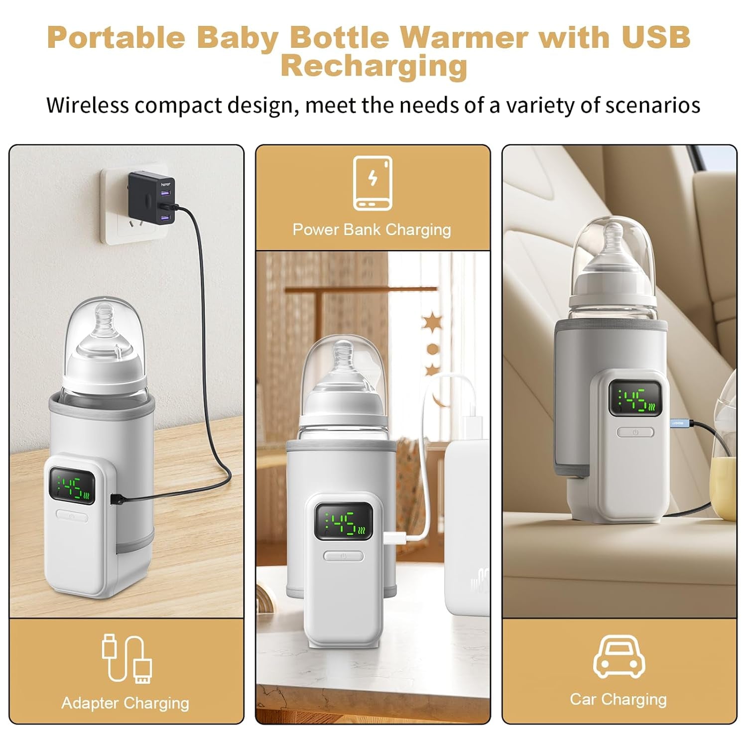 Portable Bottle Warmer - Travel-Easy,6-Speed Temperature Control,Comfortsble Baby Feeding On-The-Go,Battery-Powered Waterless Milk Warmer