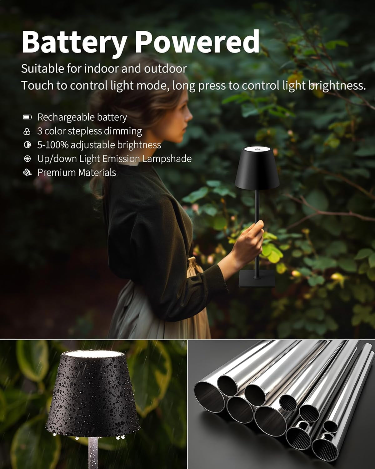 2 Pack Cordless Table Lamp, Portable LED Desk Lamps, 5000Mah Battery Operated, 3 Color Stepless Dimming Up, for Restaurant, Bedroom, Outdoor Camping, Coffee Shop, Night Light, Rechargeable (Black)