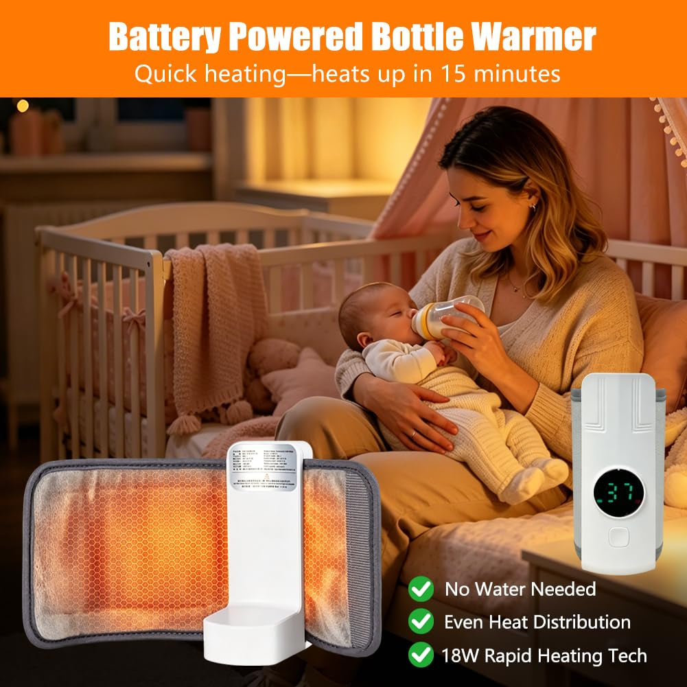2026 Upgraded Milk Warmer for Travel, on the Go Baby Bottle Warmer, Waterless Bottle Warmering with Battery-Powered, 6 Temp Settings Fast Heating & Precise Temperature Control with LCD Display