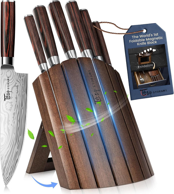 2026 Upgrade Knife Set 7 Piece Japanese Style Kitchen Knife Set with Foldable Magnetic Acacia Wood Block Sharp High Carbon Stainless Steel Chef Knives Set with Anti-Slip Handle, Ideal for Gift