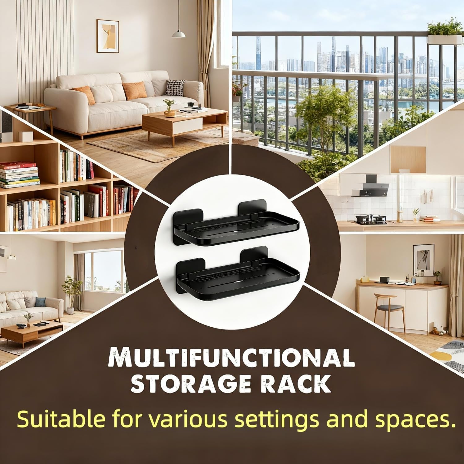 2Pc Wall Mounted Floating Shelf, Self Adhesive Small Shelf, No Drill Shelves for Wall, Floating Shelves Damage-Free Expand Walls Space for Living Room Kitchen Bathroom (Black)